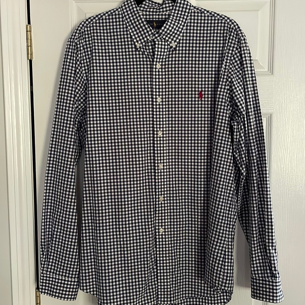 Men’s navy gingham button down shirt size medium